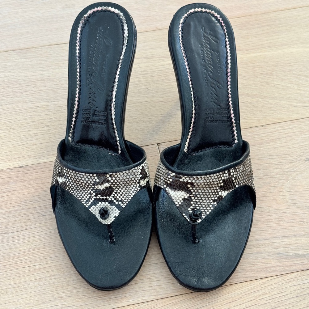 Black Snakeskin-Accent Thong Heels - Women's